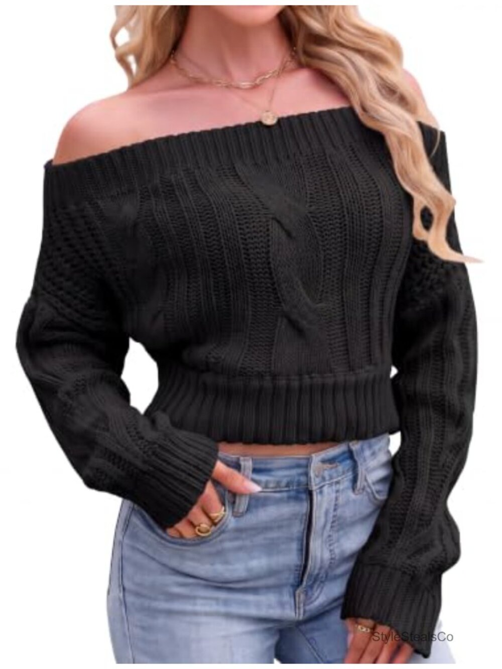 Off Shoulder Cropped Cable Knit Oversized Sweater Women Acrylic